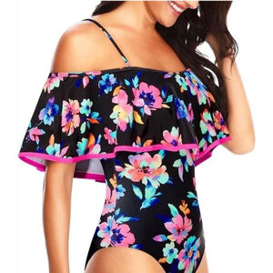 Women's Tempt Me Black Floral Ruffle One Piece Swimsuit M beach feminine